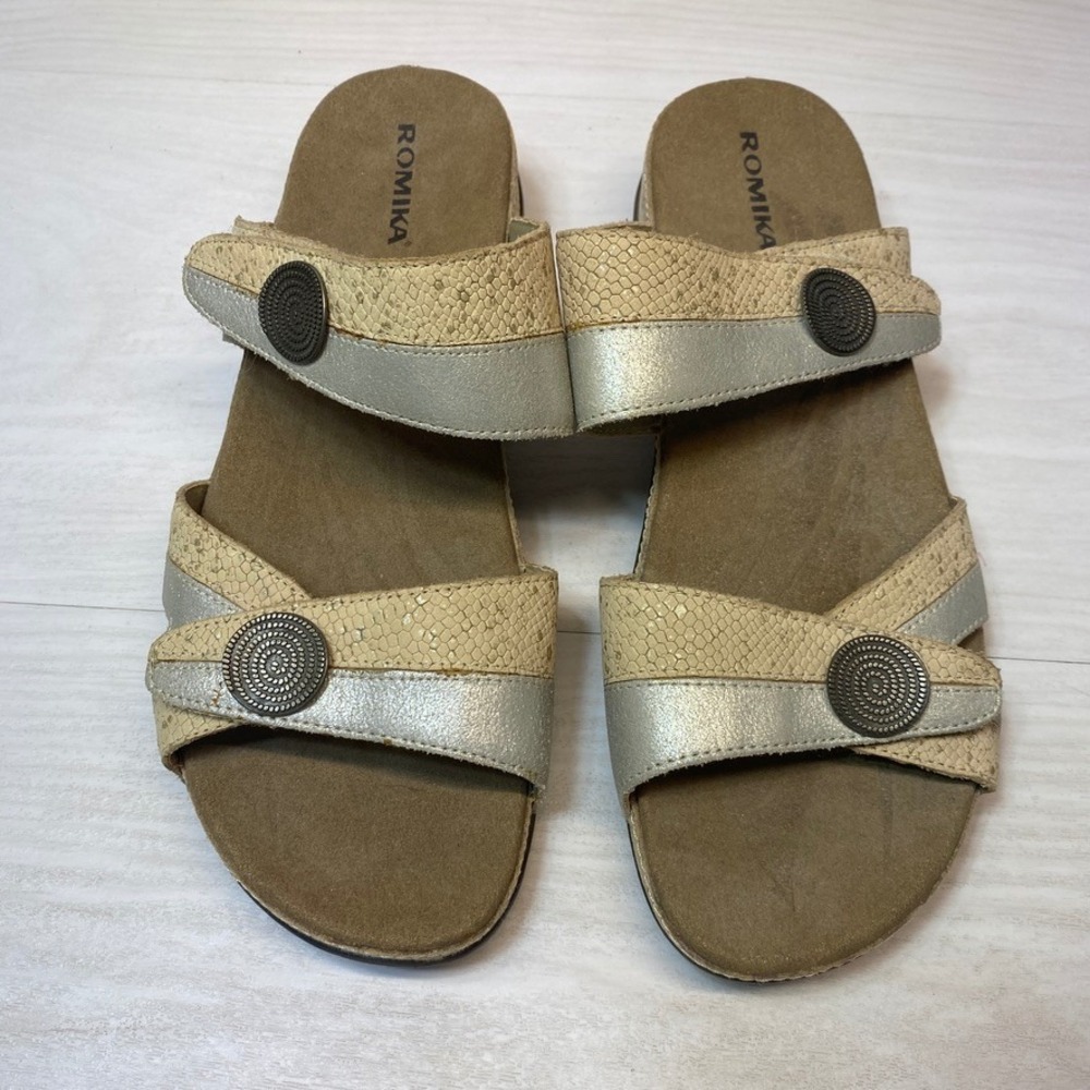 Romika Womens 42 Slide Sandals Metallic Beige Leather Wedgeβ Comfort Adjustable